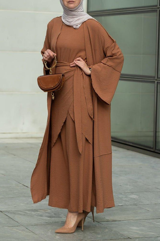 Reem 3-Piece Modest Abaya Set in rustic brown