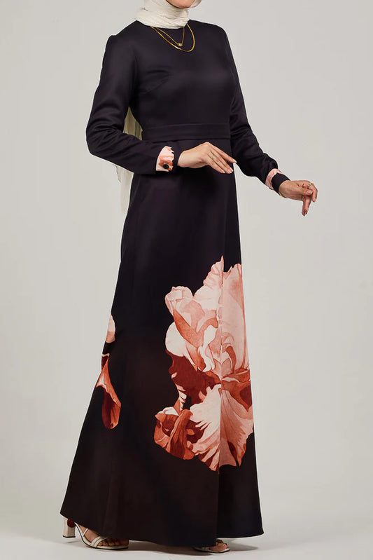 Hadeer dress_ Elegant black Floral Maxi Dress with Petal Accents