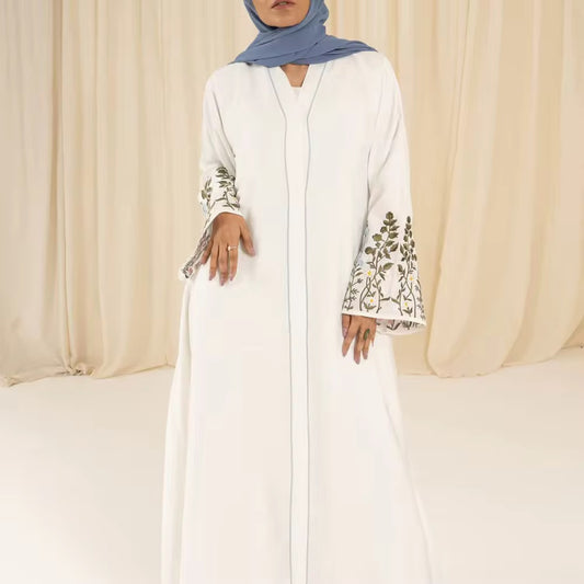 White Embroidered Abaya with Flared Sleeves