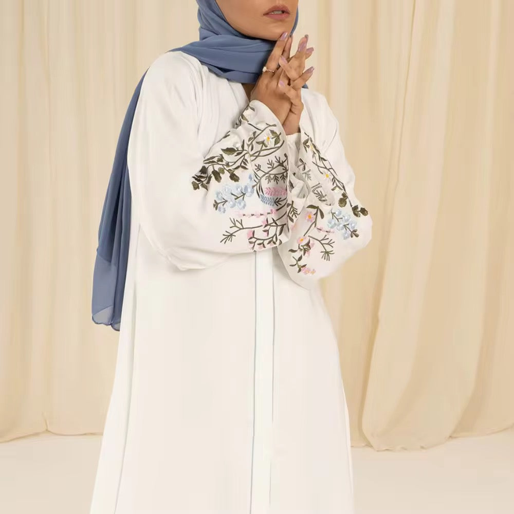 White Embroidered Abaya with Flared Sleeves