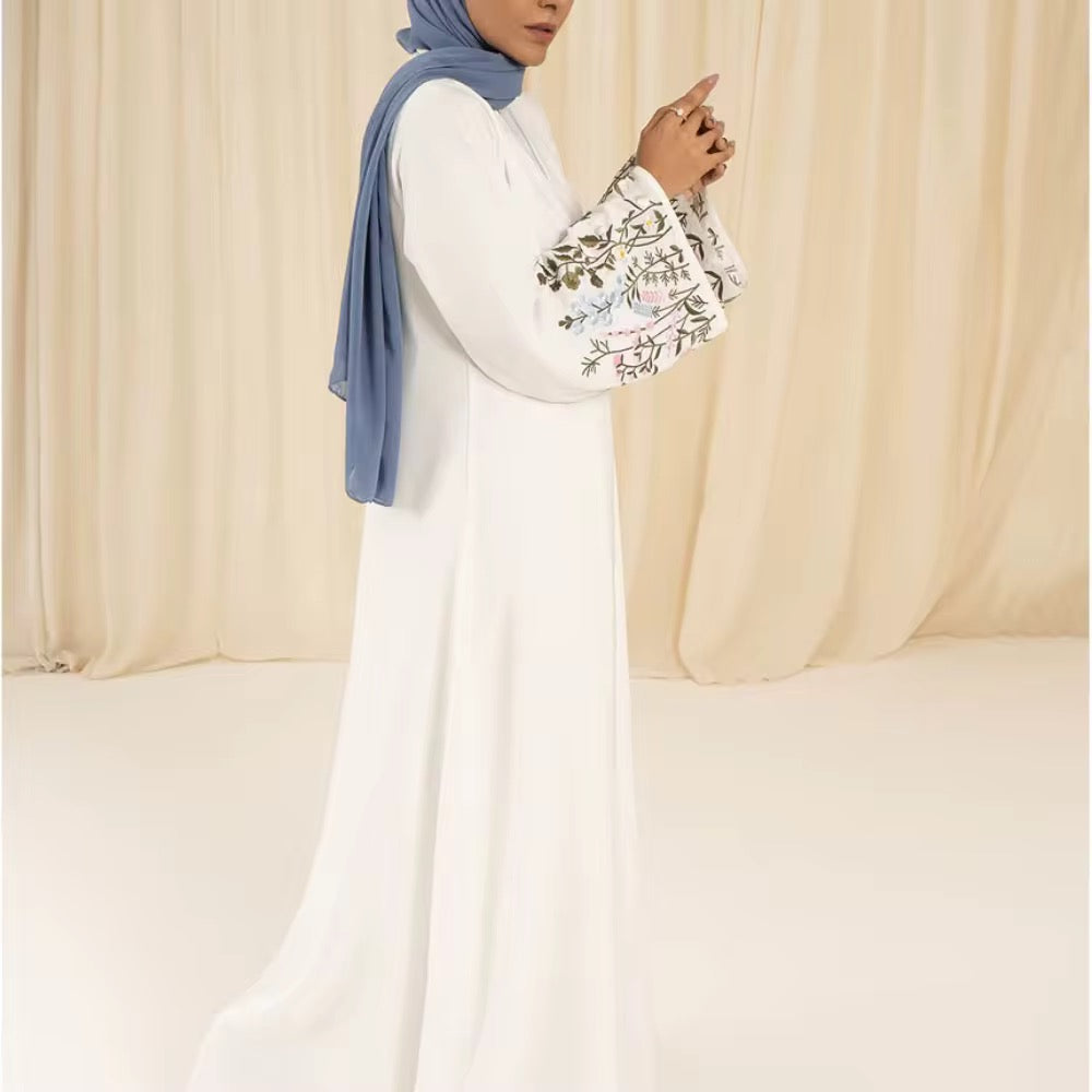 White Embroidered Abaya with Flared Sleeves