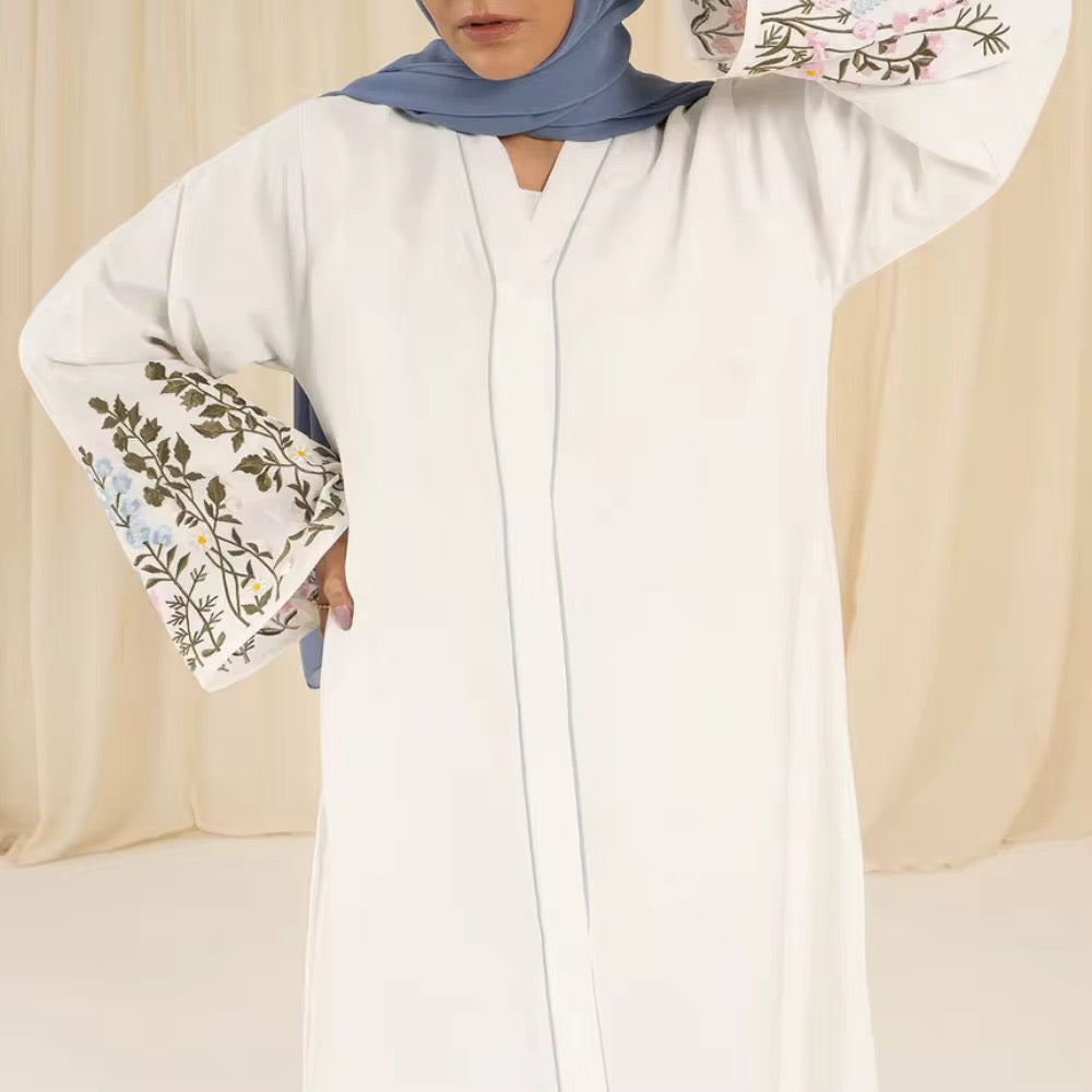 White Embroidered Abaya with Flared Sleeves