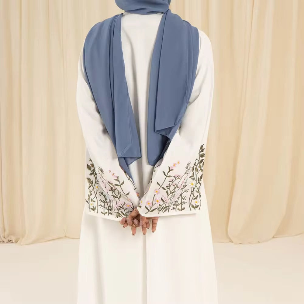White Embroidered Abaya with Flared Sleeves