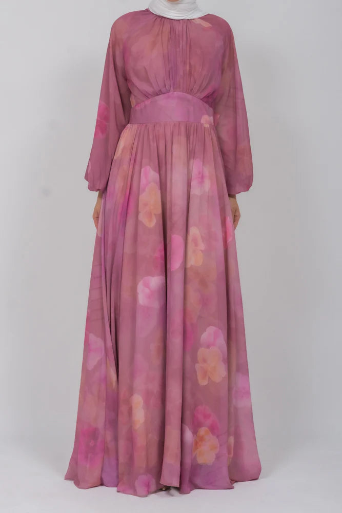 Elegant Pink Floral Chiffon Maxi Dress
