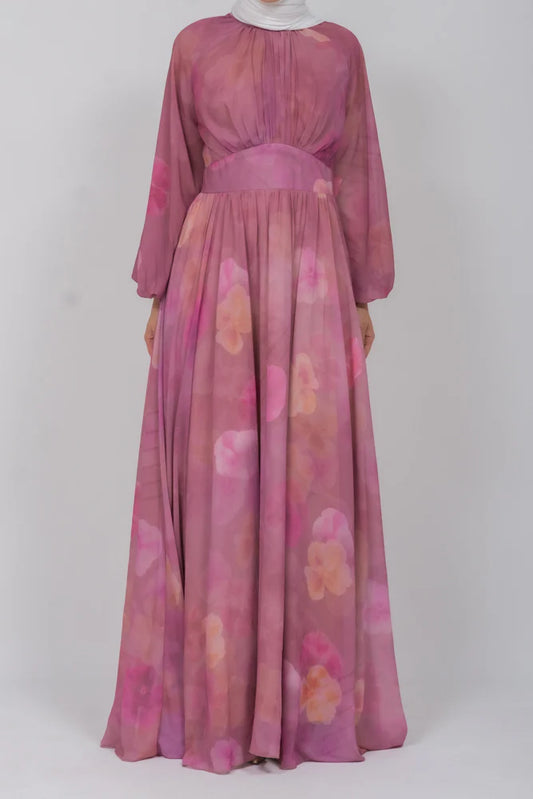Elegant Pink Floral Chiffon Maxi Dress