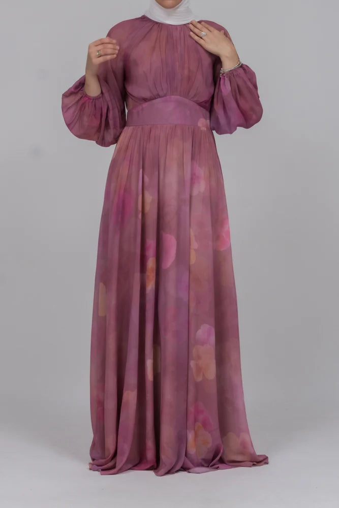 Elegant Pink Floral Chiffon Maxi Dress