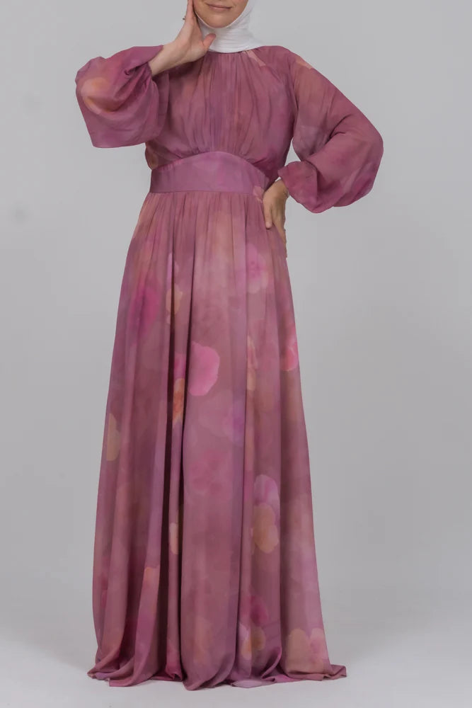 Elegant Pink Floral Chiffon Maxi Dress
