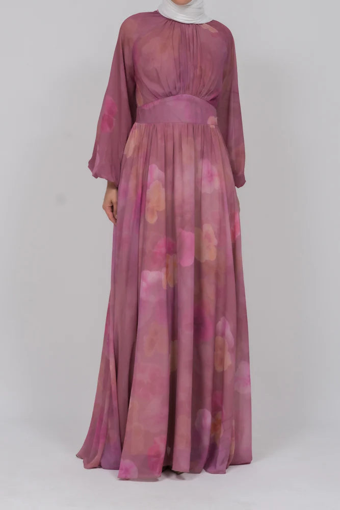 Elegant Pink Floral Chiffon Maxi Dress