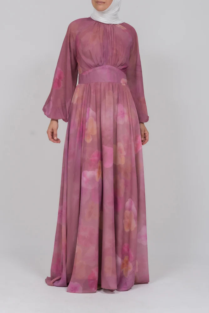 Elegant Pink Floral Chiffon Maxi Dress