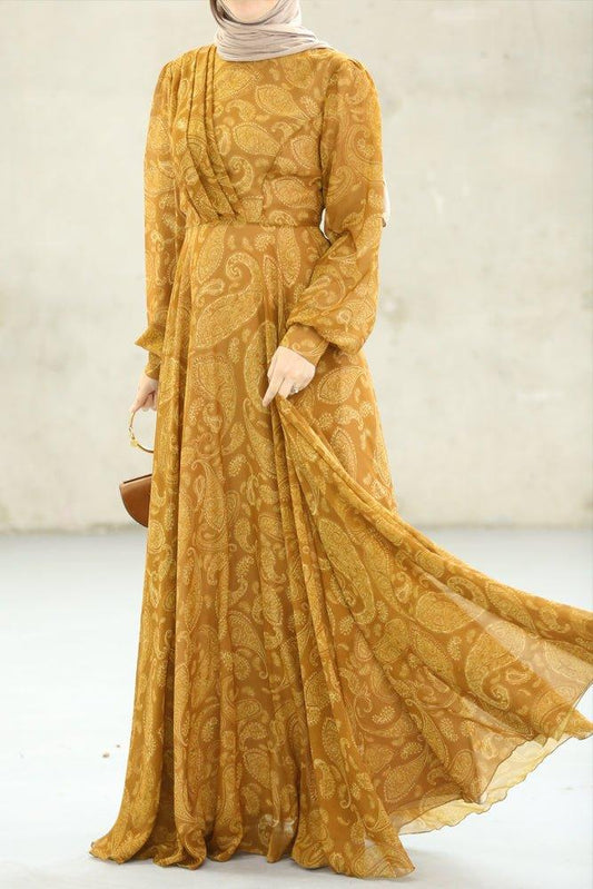 Golden Paisley Chiffon Maxi Dress