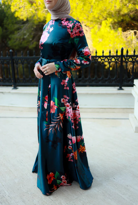Elegant modest Floral Satin Maxi Dress with detachable belt