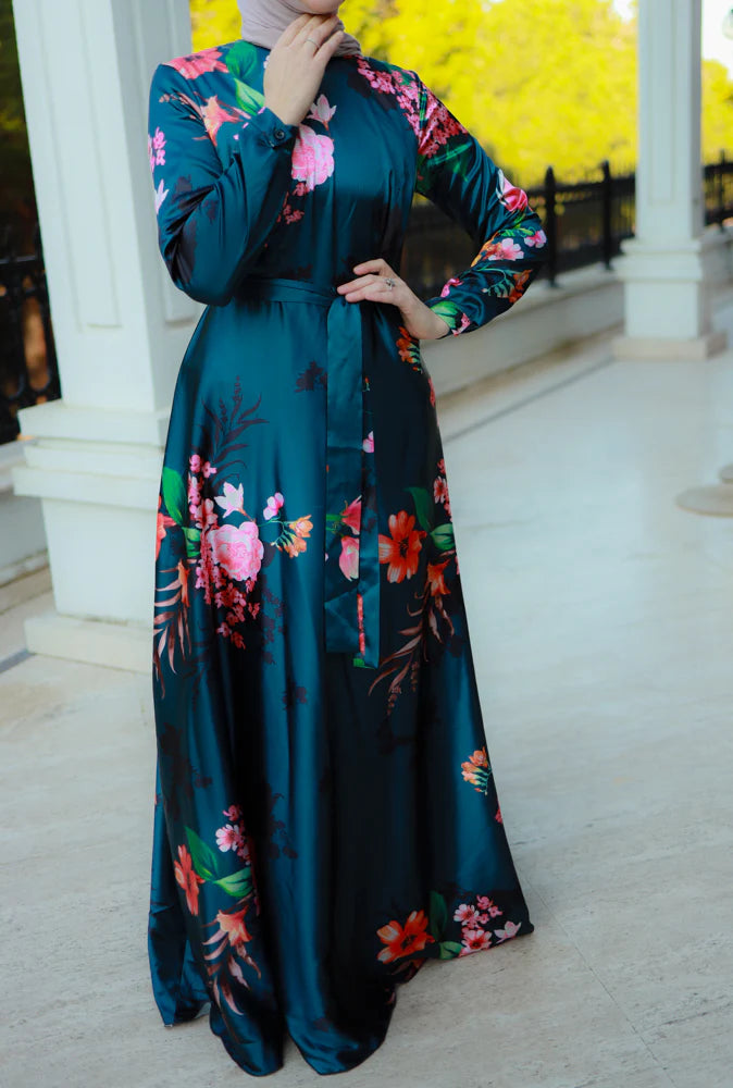 Elegant modest Floral Satin Maxi Dress with detachable belt