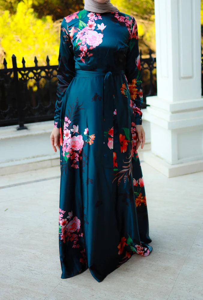 Elegant modest Floral Satin Maxi Dress with detachable belt