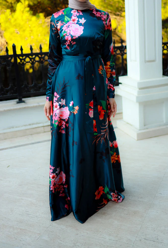 Elegant modest Floral Satin Maxi Dress with detachable belt