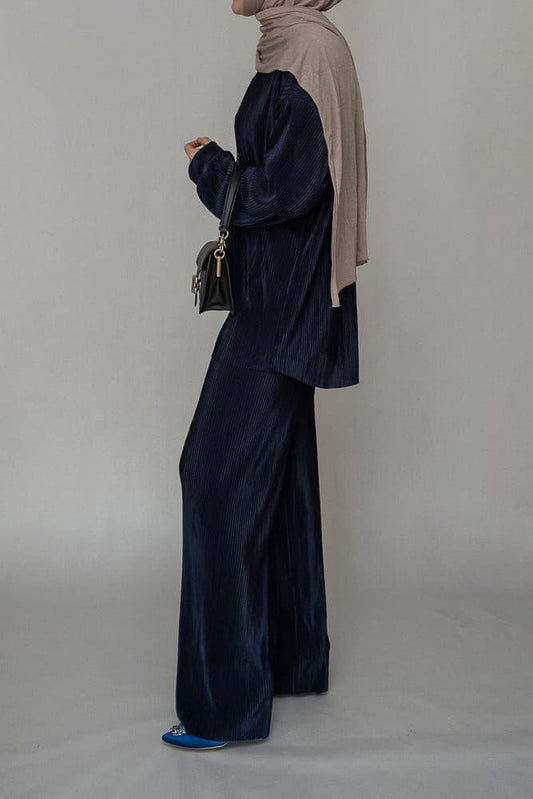 Chic Pleated navy blue modest set with pants
