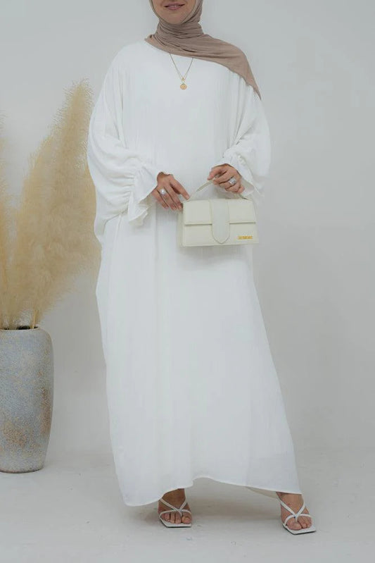 White Batwing Abaya with ruched sleeve and loose cut