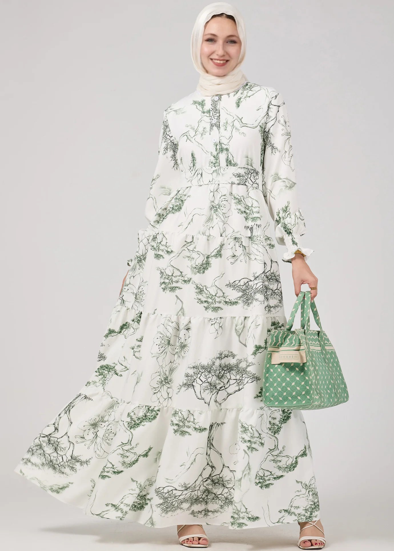Green & White Printed Maxi Dress