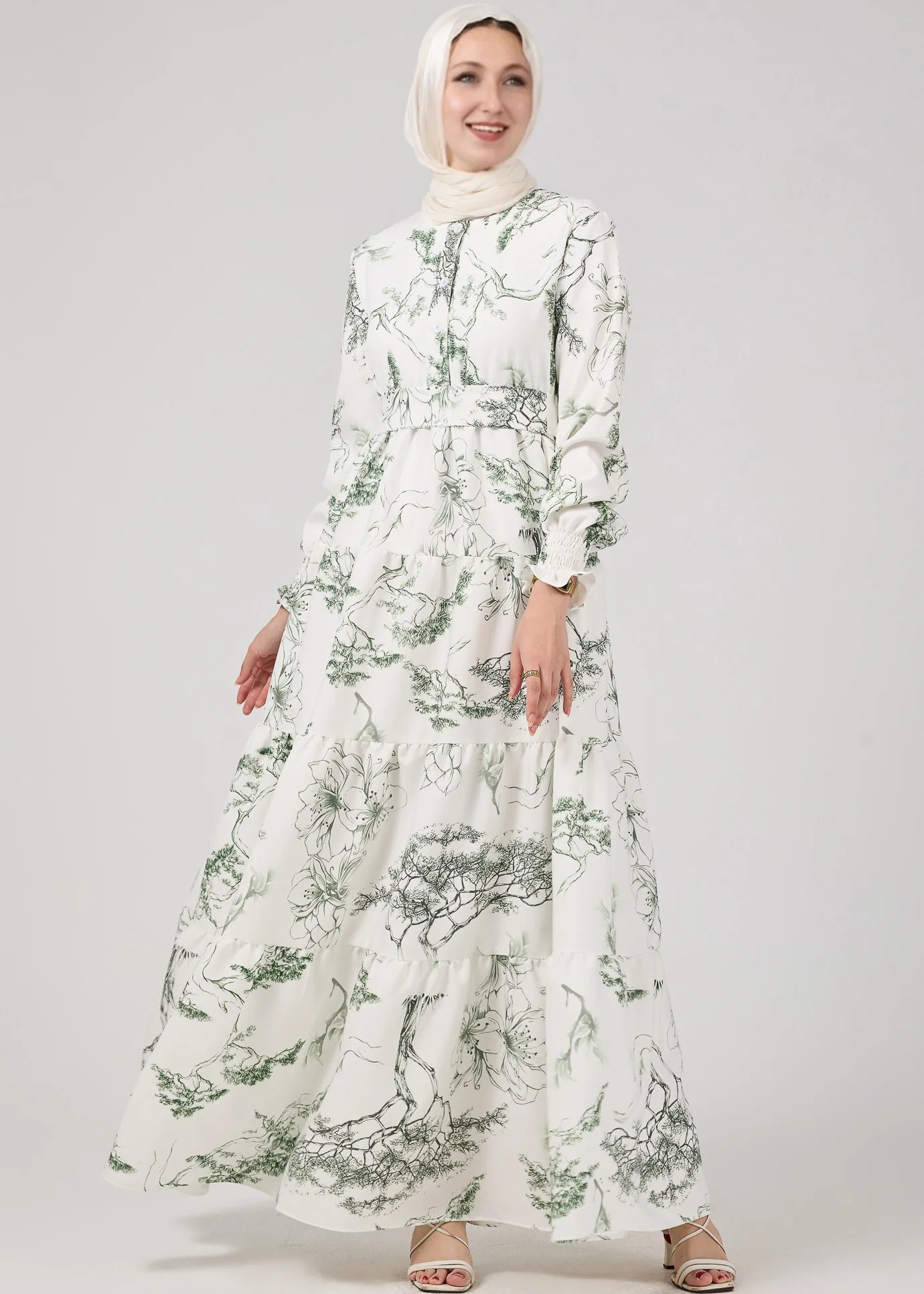 Green & White Printed Maxi Dress