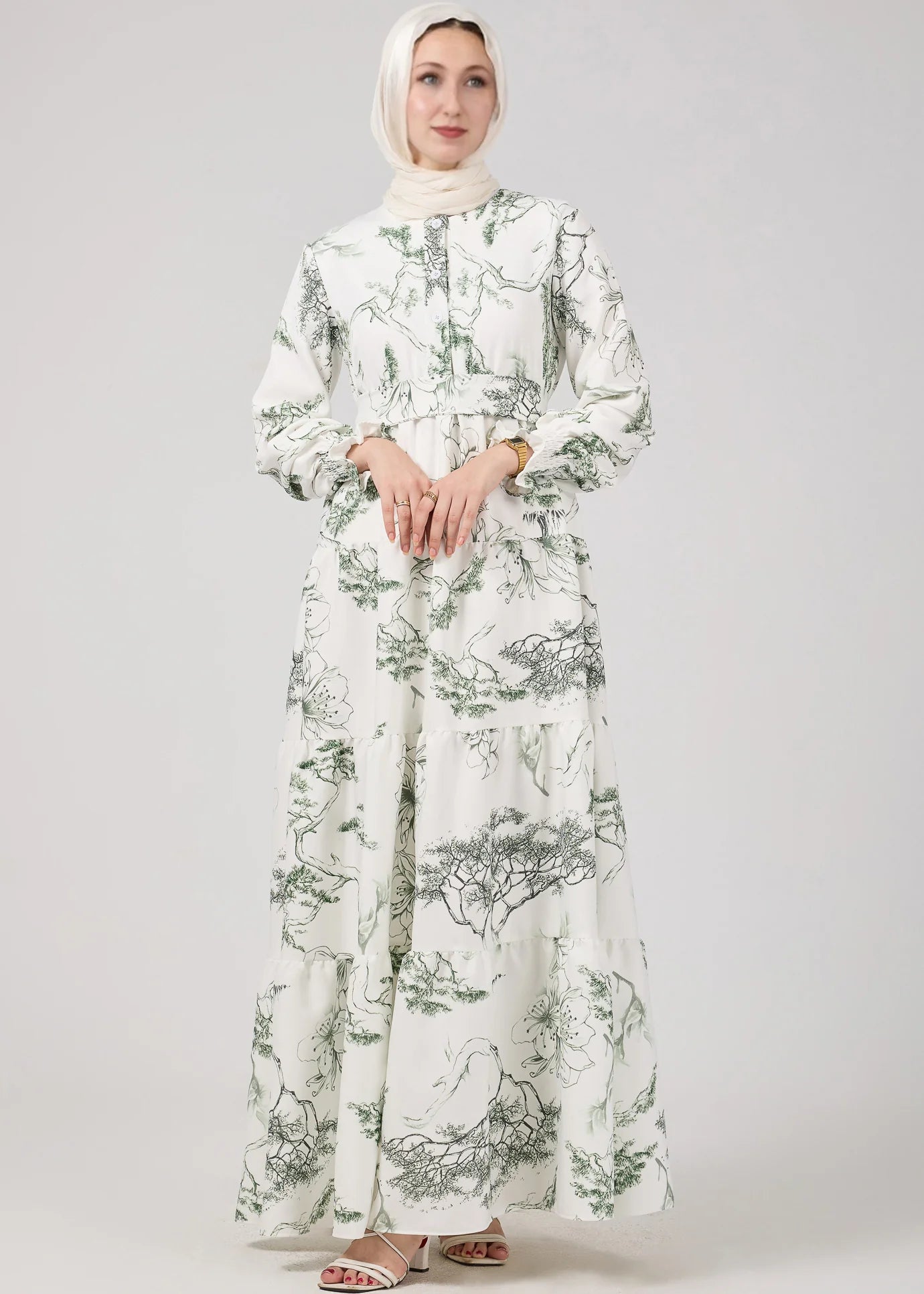Green & White Printed Maxi Dress