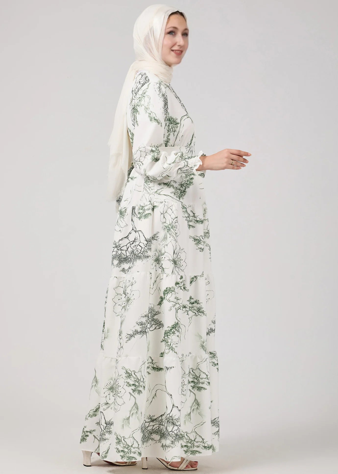 Green & White Printed Maxi Dress