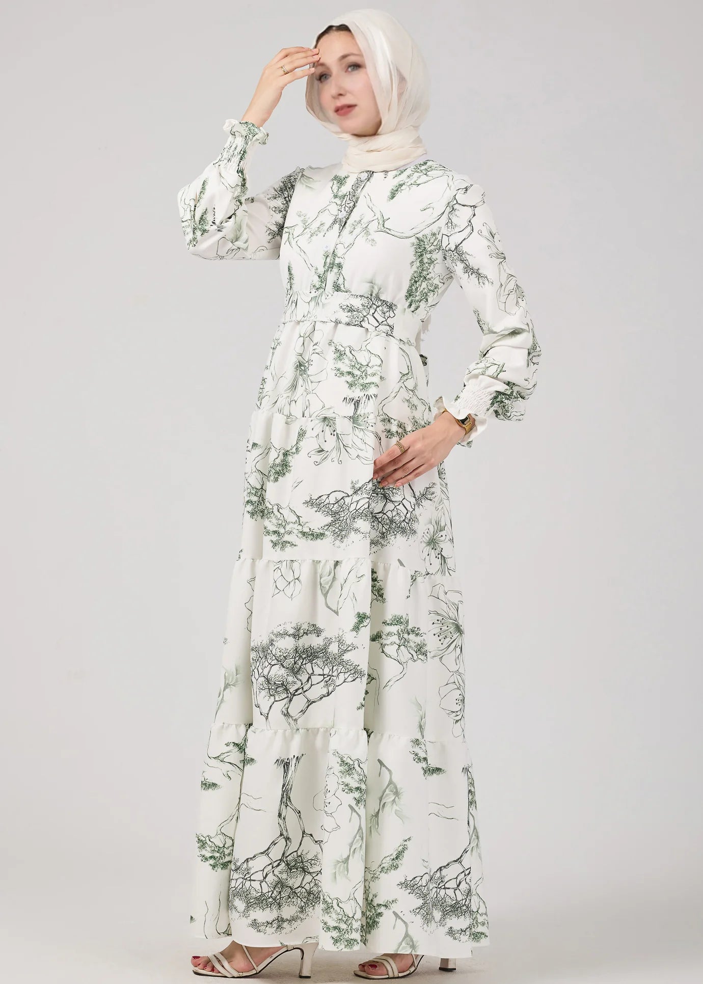 Green & White Printed Maxi Dress