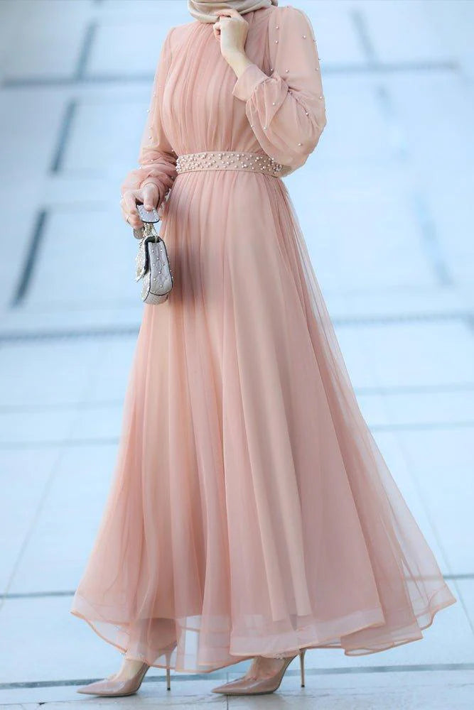 Blush Pearl-Embellished Tulle Dress