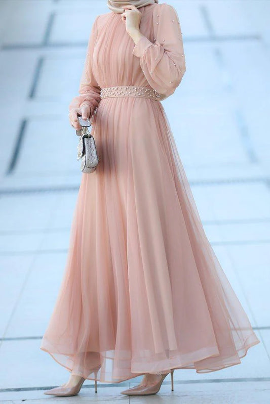 Blush Pearl-Embellished Tulle Dress