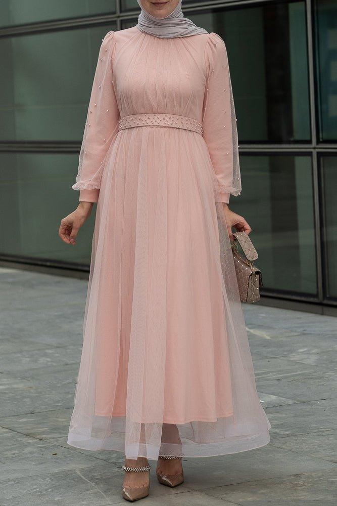 Blush Pearl-Embellished Tulle Dress