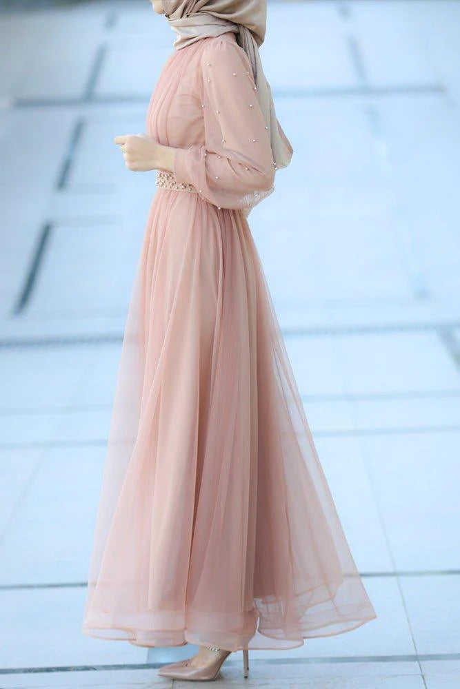 Blush Pearl-Embellished Tulle Dress