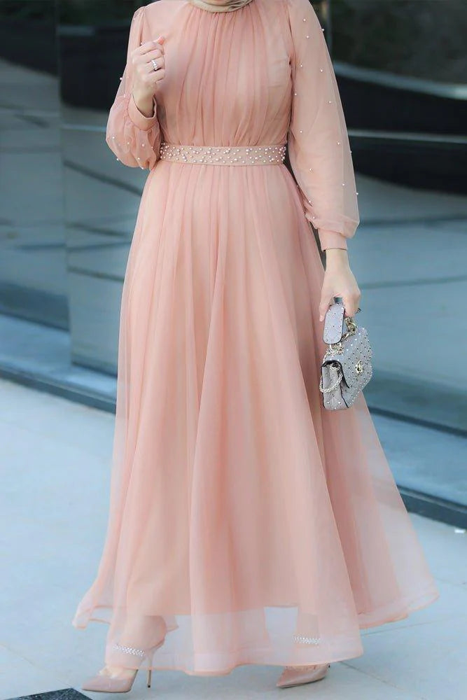 Blush Pearl-Embellished Tulle Dress