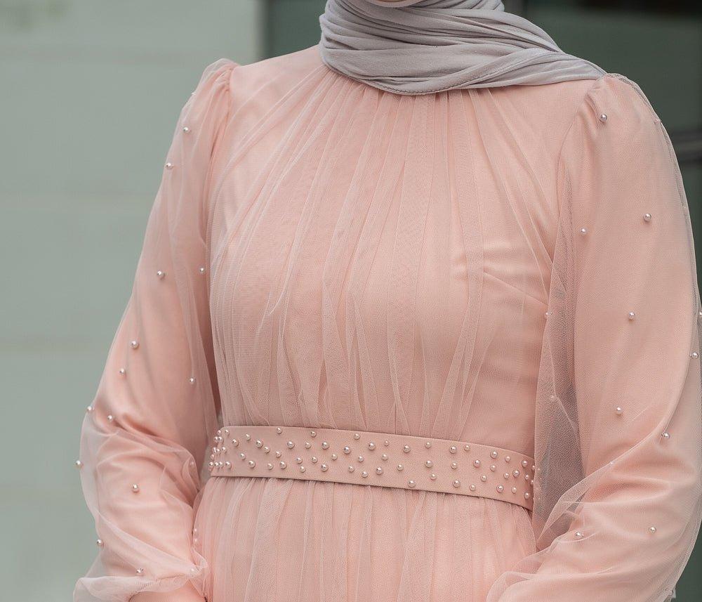 Blush Pearl-Embellished Tulle Dress