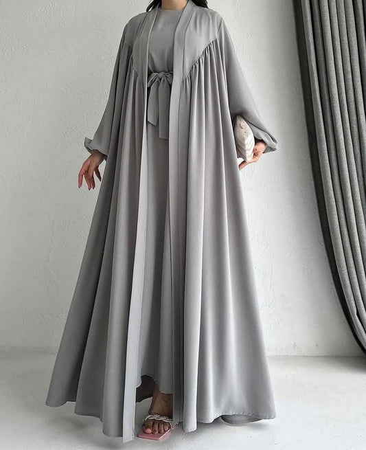 Silver Elegance Flowy Abaya Set