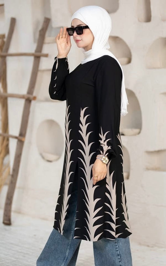 Beige Modern Elegance Printed Tunic – Chic & Modest