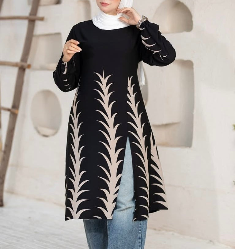 Beige Modern Elegance Printed Tunic – Chic & Modest