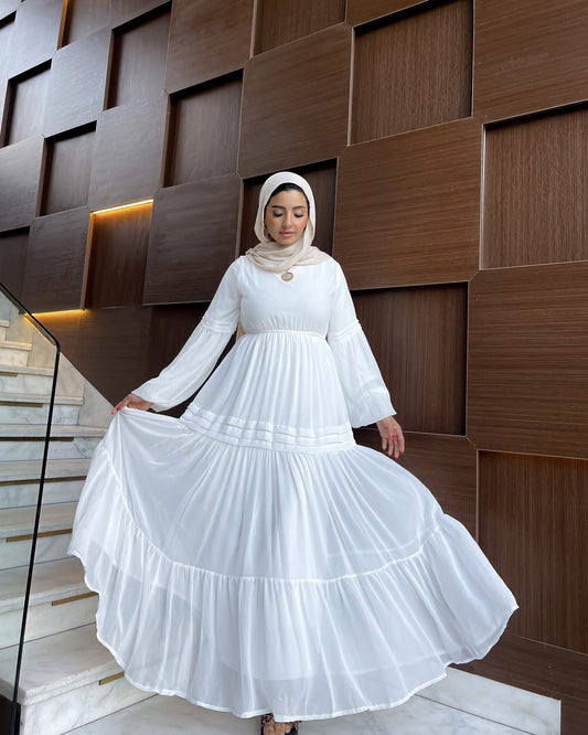 Amal Classic Long Sleeve Chiffon White Dress