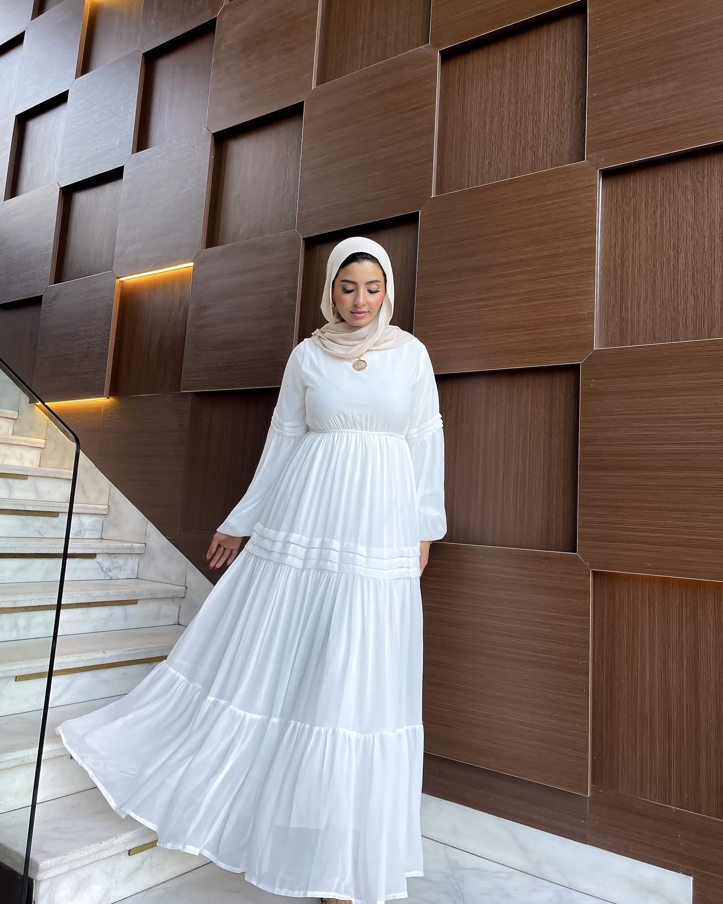 Amal Classic Long Sleeve Chiffon White Dress