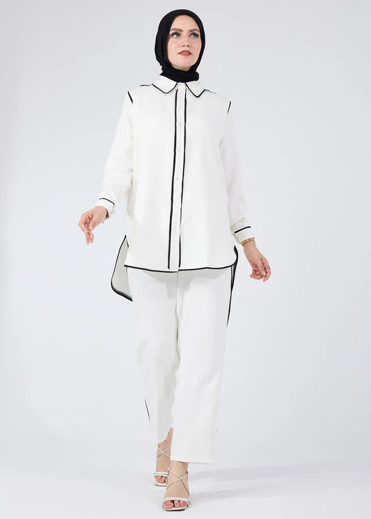 Rania Elegance | White Modest Set with Black Piping